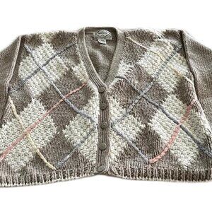 Vintage 90s Y2K Women's Nugget Gray cropped argyle cardigan button sweater - L